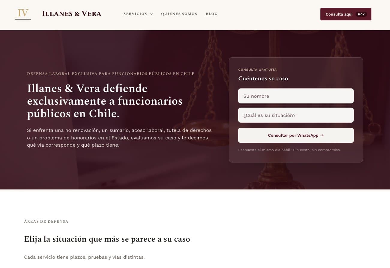 Vista del sitio web de Illanes & Vera
